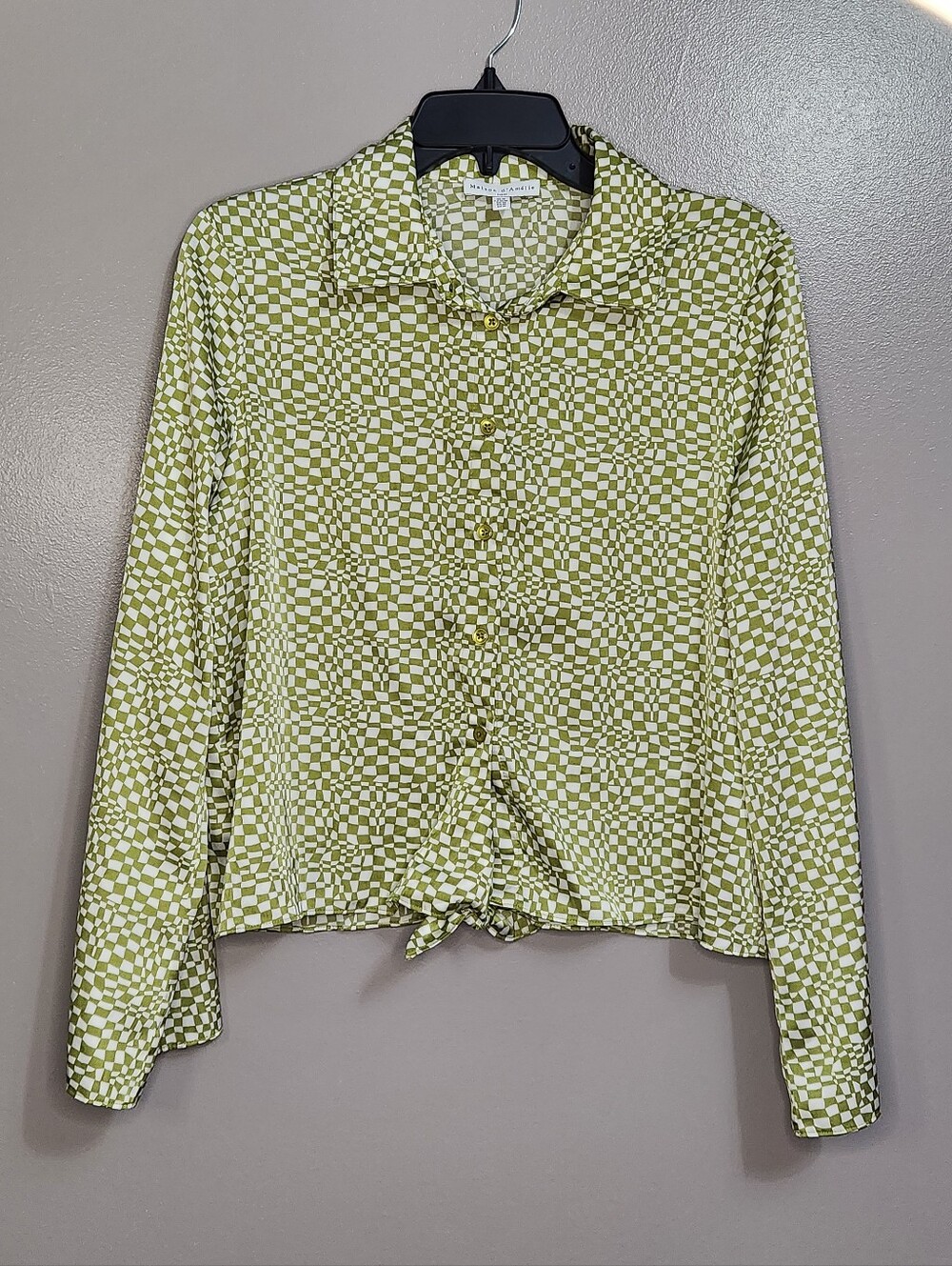 Maison d'Amelie Tie-Front Checker Print Green Button-Up Top Size Medium